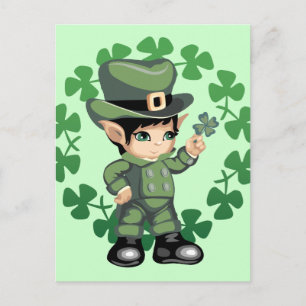 Carte Postale Petit Leprechaun avec Shamrocks