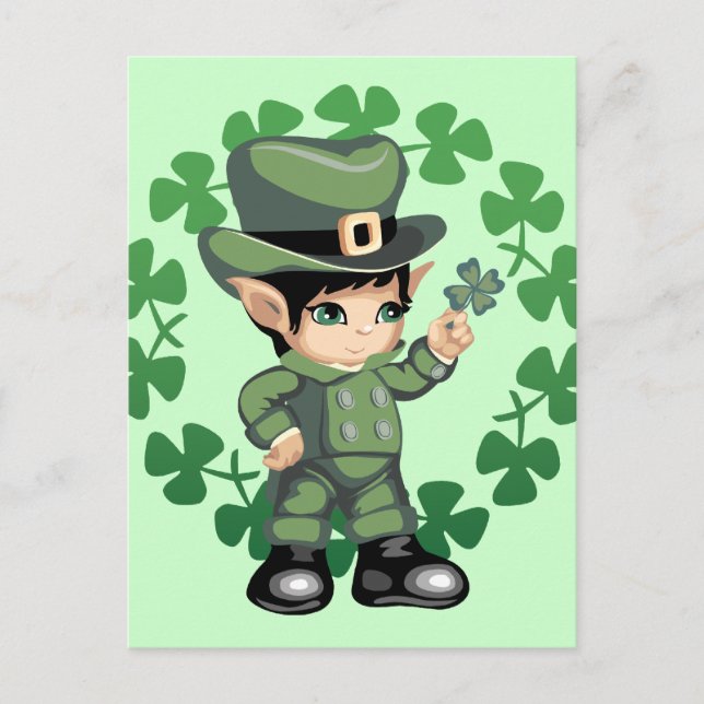 Carte Postale Petit Leprechaun avec Shamrocks (Devant)