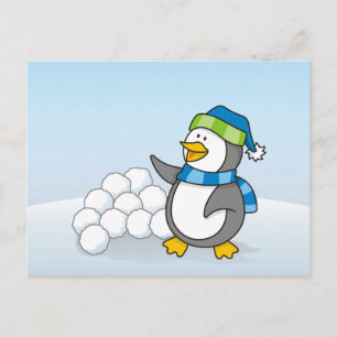 Carte Postale Petit manchot avec boules de neige agitant