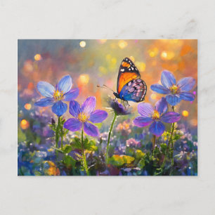 Carte Postale Petit papillon sur des fleurs sauvages au lever du