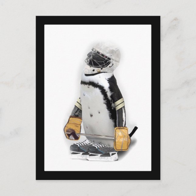 Carte Postale Petit Penguin portant un engin de hockey (Devant)