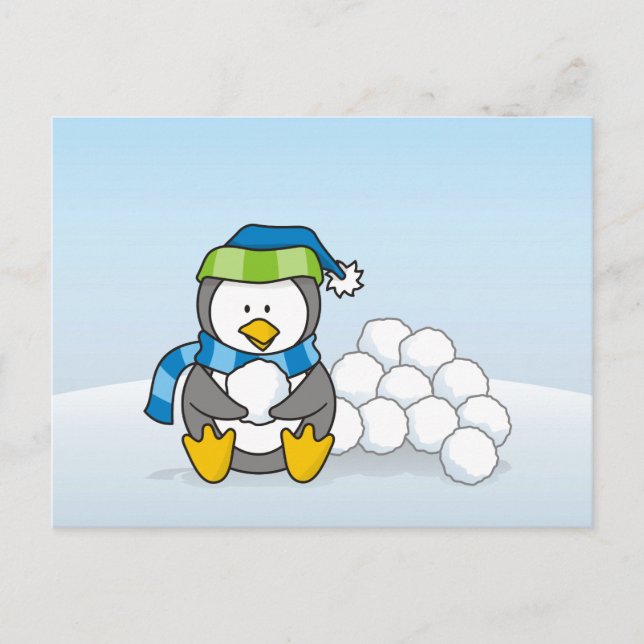 Carte Postale Petit pingouin assis avec des boules de neige (Devant)