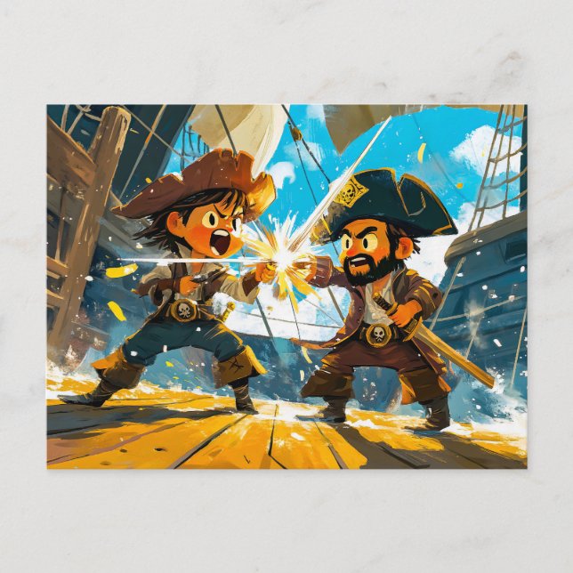 Carte Postale Petit Pirate se battant contre un autre pirate sur (Devant)