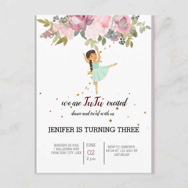 Carte Postale Petite Danseuse | Fête d'anniversaire de ballet fl (Devant)