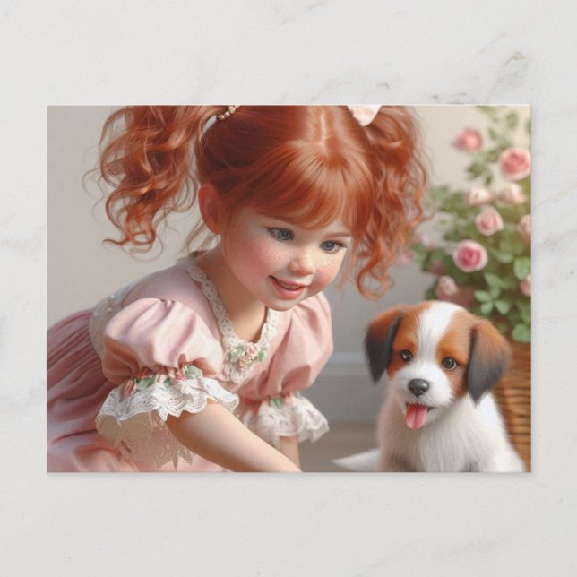 Carte Postale Petite fille à la tête rouge avec son chiot (Devant)