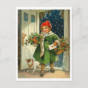 Carte Postale Petite fille à la veille de Noël avec son chien
