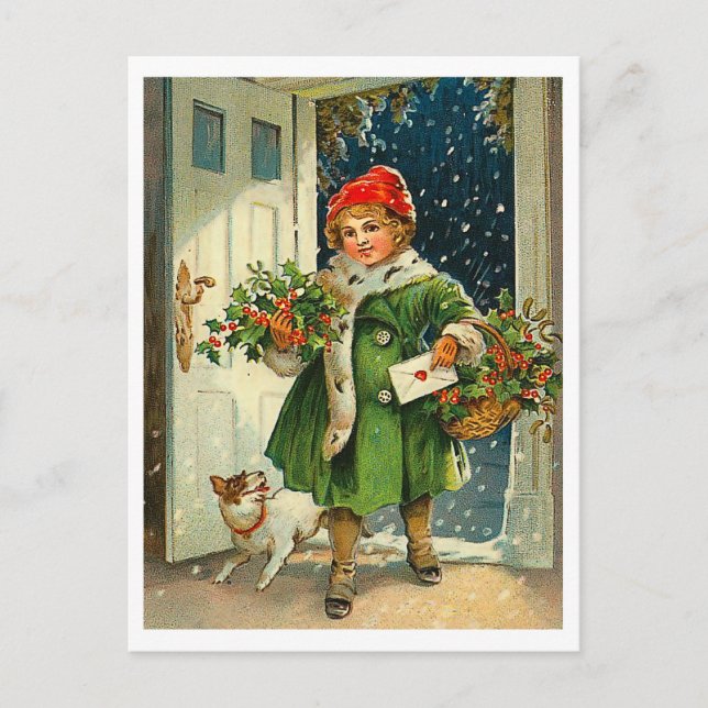 Carte Postale Petite fille à la veille de Noël avec son chien (Devant)