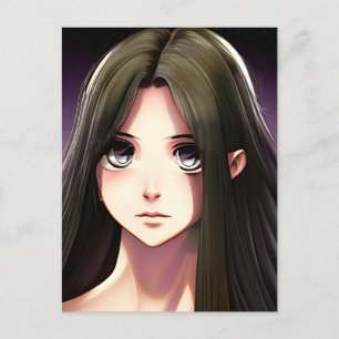Carte Postale Petite fille Anime avec cheveux Brown et yeux bleu