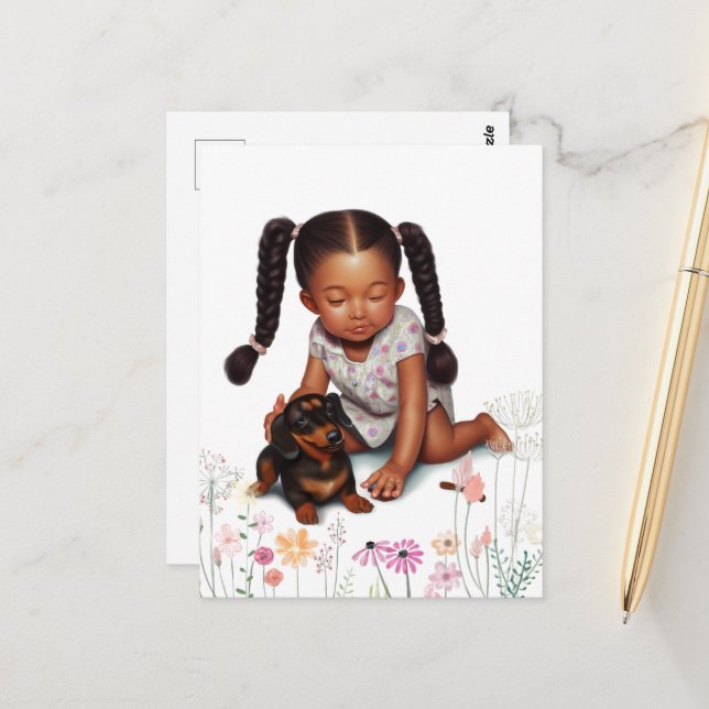 Carte Postale Petite fille au teint brun avec un chiot (Devant/Arrière en situation)