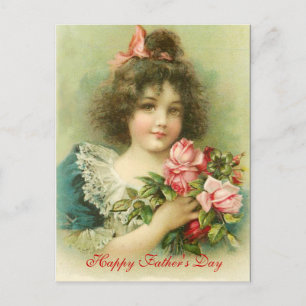 Carte Postale Petite Fille aux Roses Roses Fête des Pères