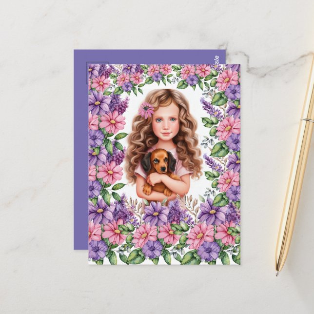 Carte Postale Petite fille avec chiot Dachshund (Devant/Arrière en situation)