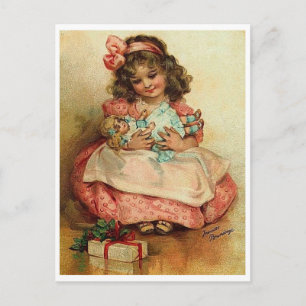 Carte Postale Petite fille avec sa poupée et cadeau de Noël