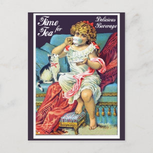 Carte Postale Petite fille boit du thé, art vintage