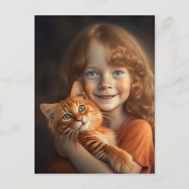 CARTE POSTALE PETITE FILLE & CHAT ROUX  (Devant)