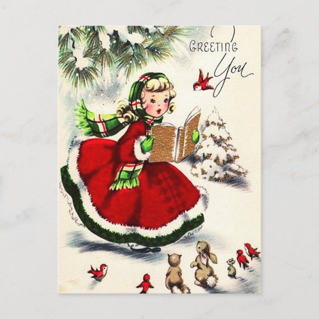 Carte Postale Petite fille de Noël rétro chantant avec des lapin (Devant)