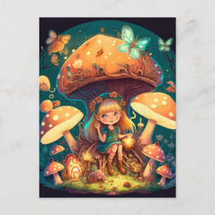 Carte Postale Petite fille elfe parmi les champignons