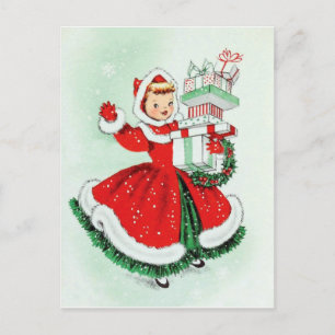 Carte Postale Petite fille en robe rouge avec cadeaux de Noël