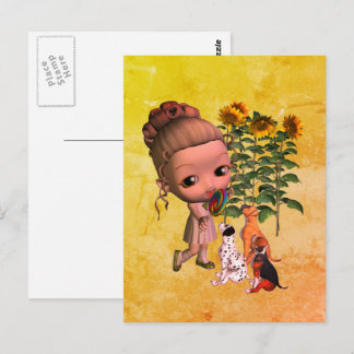 Carte Postale Petite Fille Et Chiots