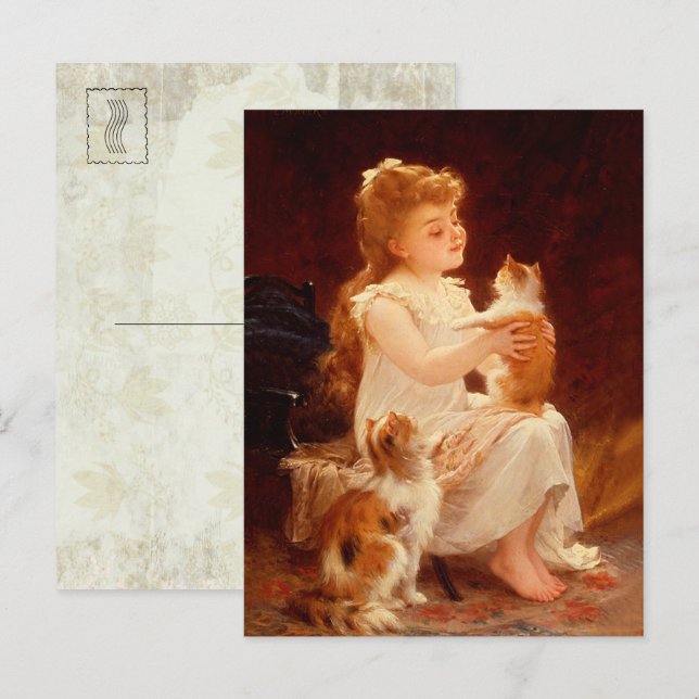 Carte Postale Petite fille Jouer avec le chaton (1893) (Devant / Derrière)
