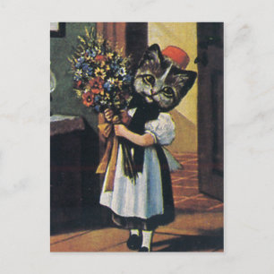 Carte Postale Petite Fille Kitten Avec Fleurs