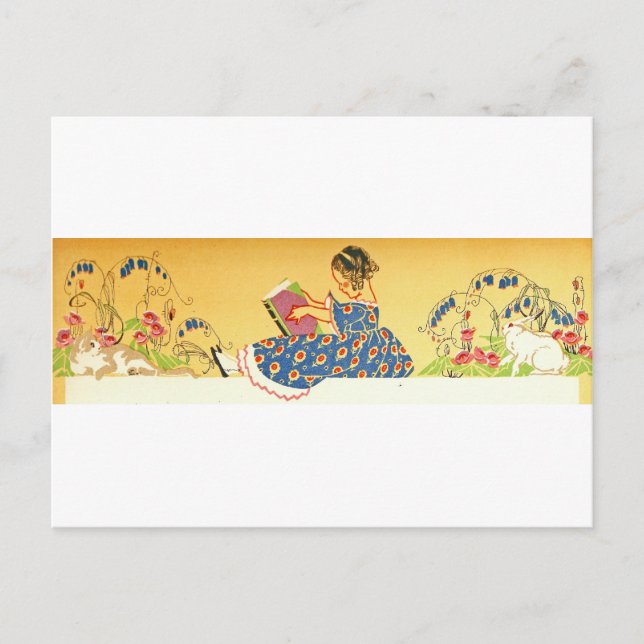 Carte Postale Petite fille lire avec des lapins (Devant)