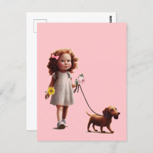 Carte Postale Petite Fille Marcher Dachshund