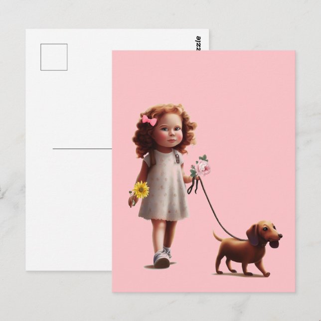 Carte Postale Petite Fille Marcher Dachshund (Devant / Derrière)