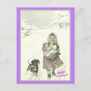 Carte Postale Petite fille mignonne allemande, Dachshund, Chats,