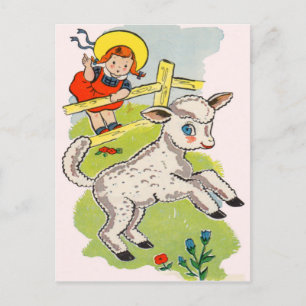 Carte Postale petite fille mignonne avec petit agneau mignon