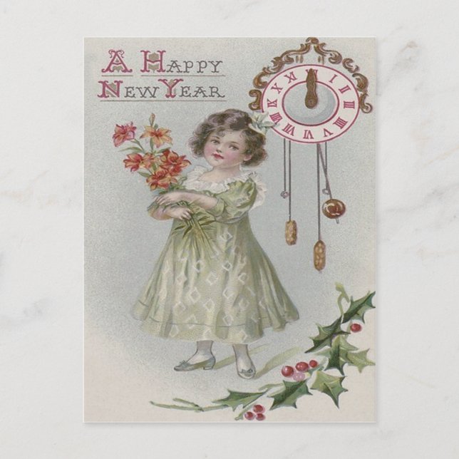 Carte Postale Petite fille mignonne Horloge Minuit Fleurs Holly (Devant)