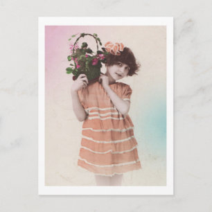 Carte Postale Petite Fille Rétro Avec Robe Orange