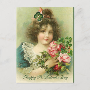Carte Postale Petite fille Rose et Shamrock St.Patrick's Day