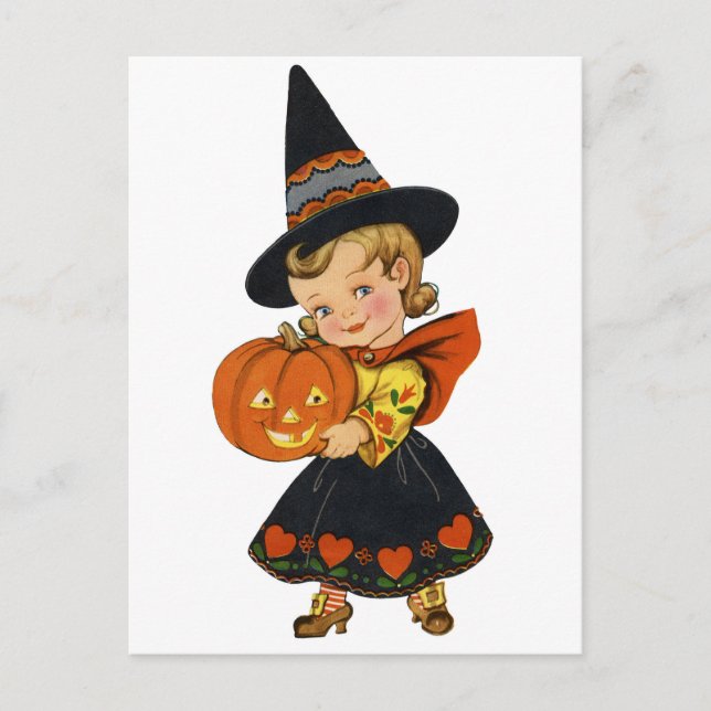 Carte Postale Petite fille sorcière mignonne avec un citrouille, (Devant)