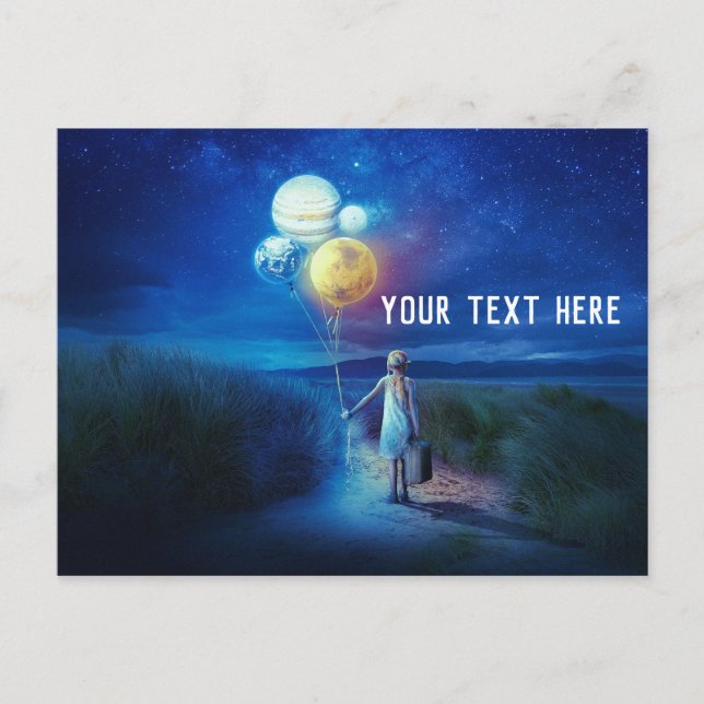 Carte Postale Petite fille tenant des ballons planètes (Devant)