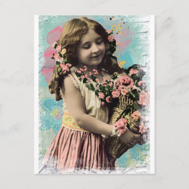 Carte Postale Petite fille vintage et fleurs (Devant)