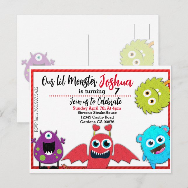 Carte Postale Petite Invitation d'anniversaire Monster (Devant / Derrière)