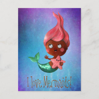 Carte Postale Petite Sirène mignonne aux cheveux roses