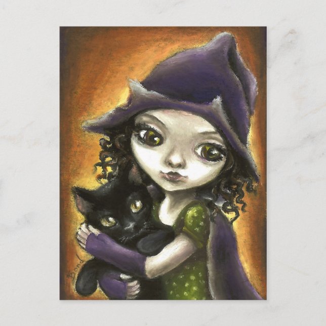 Carte Postale Petite sorcière et chaton noir (Devant)