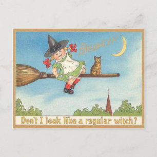 Carte Postale Petite Sorcière Mignonne Chat Croissant de Lune Ba