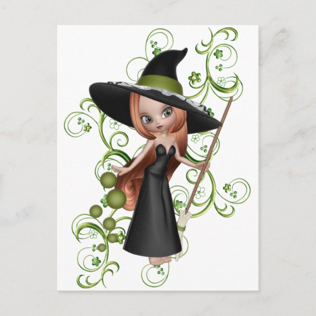 Carte Postale Petite sorcière rousse avec Green Vines Design (Devant)