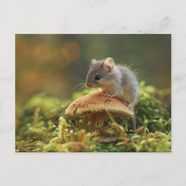 Carte Postale Petite souris assise sur un haut d'un champignon (Devant)