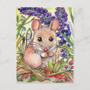 Carte Postale Petite souris et fleurs violettes