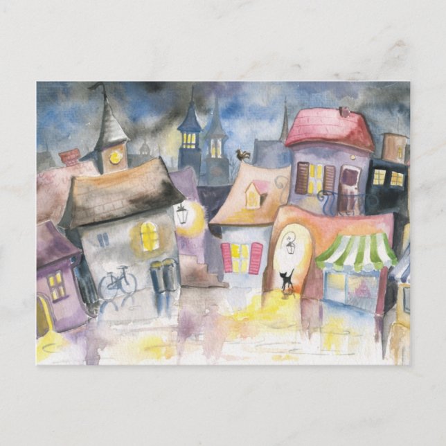 Carte Postale Petite ville la nuit (Devant)