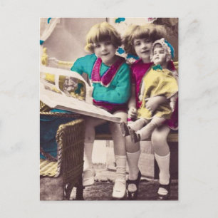 Carte Postale Petites filles colorées à la main Lecture Vintage