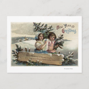 Carte Postale Petites filles tenant un présent et un arbre