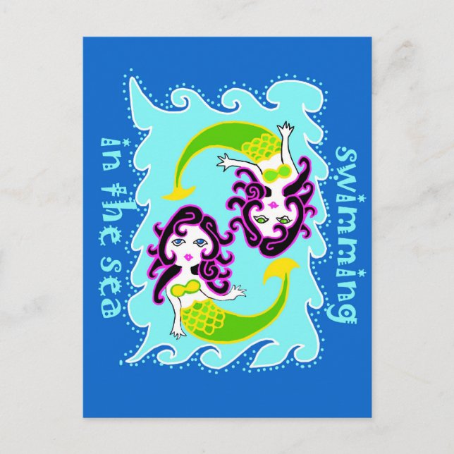 Carte Postale Petites sirènes nager dans la mer (Devant)