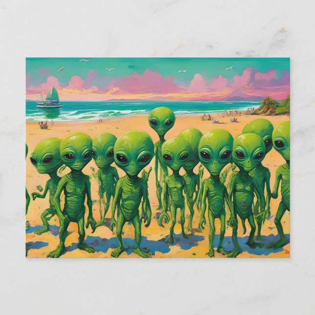 Carte Postale petits aliens verts sur une plage (Devant)