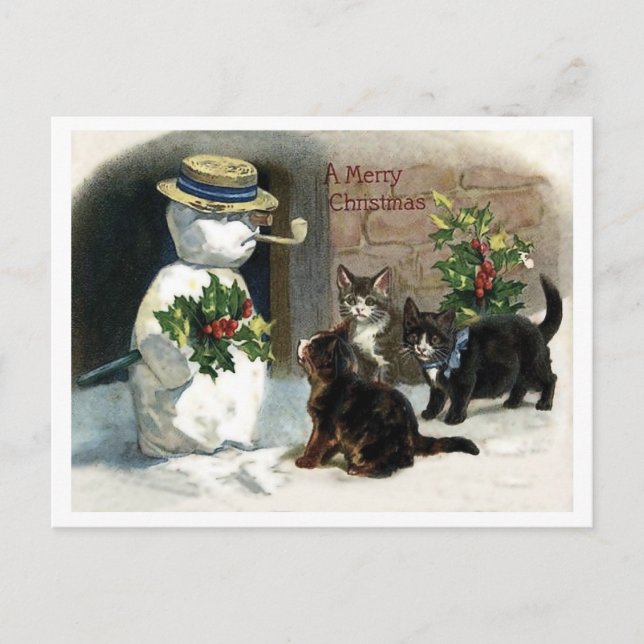 Carte Postale Petits chats autour du bonhomme de neige de Noël,  (Devant)