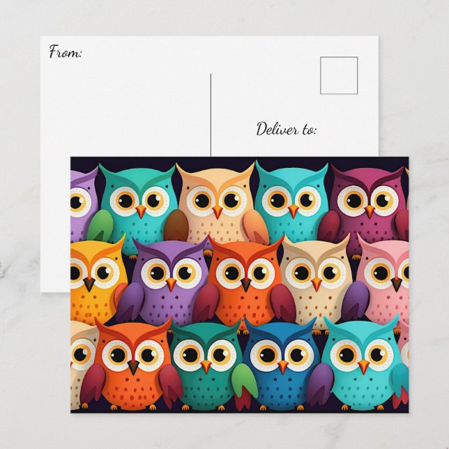 Carte Postale Petits Chouettes colorées (Devant / Derrière)