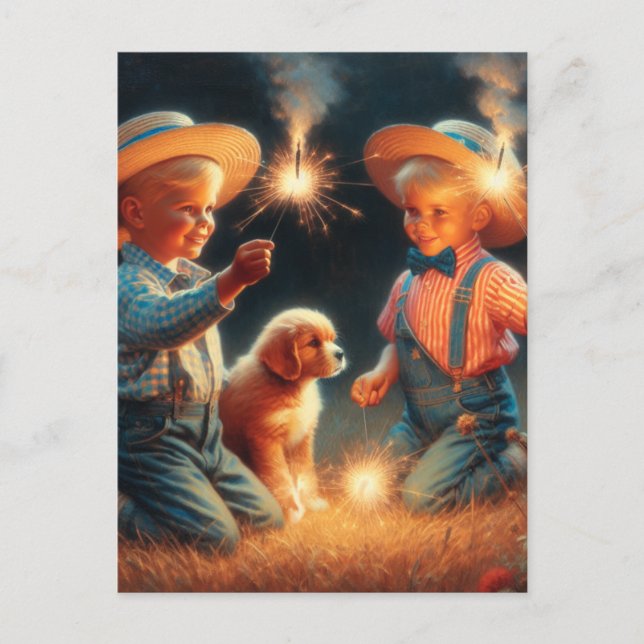 Carte Postale Petits garçons jouant avec Firework Le 4 juillet (Devant)